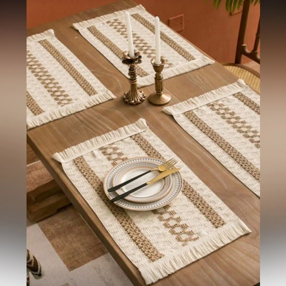 🌾 Set of 8 Boho Farmhouse Placemats – 12”x 20” – Fringe Woven Table Mats